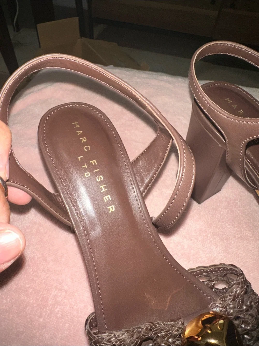 Marc Fisher Dark Brown Braided Platform Sandals with Gold Accent